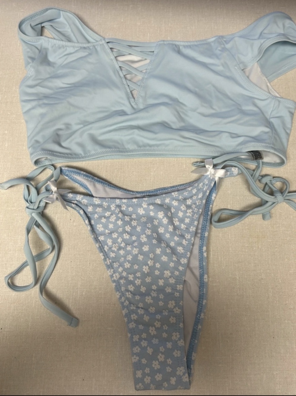 PINK Victoria's Secret Light Blue Floral Tie-Side Bikini
